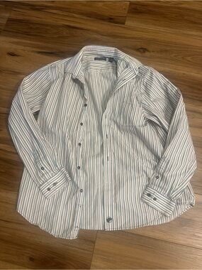 Men's Striped Long-Sleeve Button-Up Shirt - White with Blue & orange and Stripes